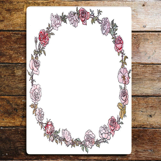 Pink Red Roses Leaves Circle Wreath Metal Sign Plaque