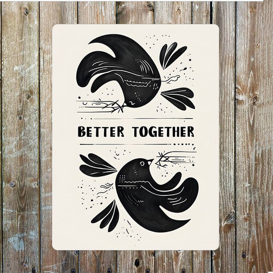 Better Together Black Birds woodcut style | Metal Sign Plaque