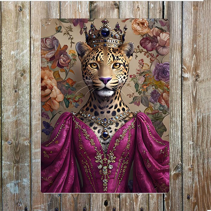 Leopard In Regal Attire Surrounded Floral | Metal Sign Plaque