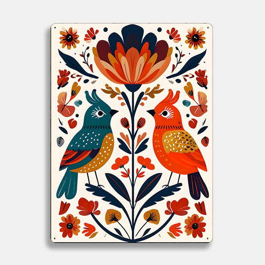 Vibrant Colorful birds scandinavian folk | Metal Sign Plaque