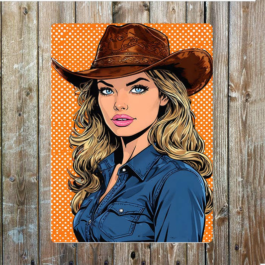 Comic Style Cowgirl Cowboy Western | Metal Sign Plaque