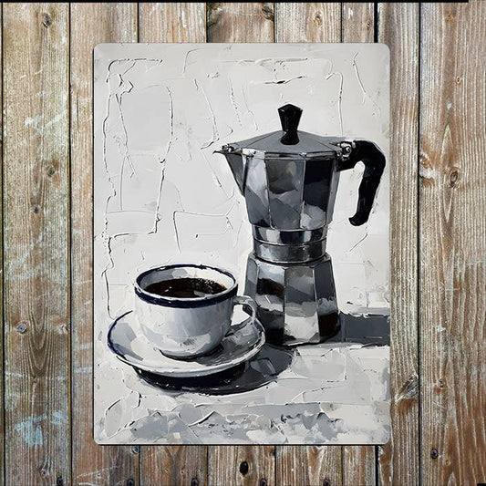 Moka Pot And Coffee Cup Painting | Metal Sign Plaque