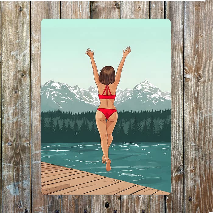 Woman Leap Jump On Dock Water | Metal Sign Plaque