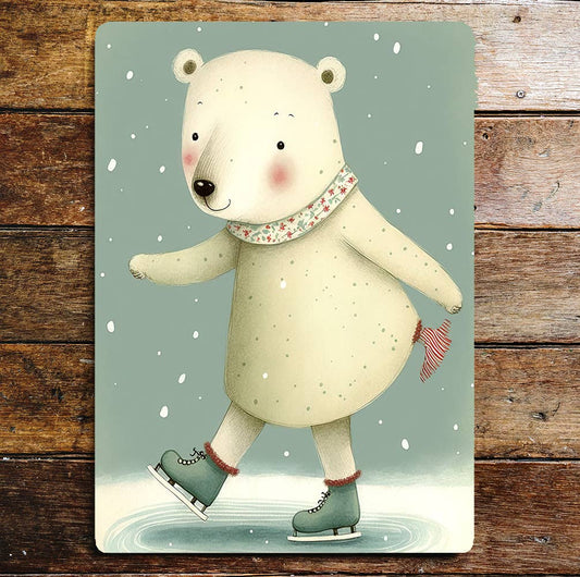 Polar Bear Ice Skating Snow Scarf Green Metal Sign Plaque