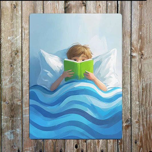 Watercolour Child Reading In Bed | Metal Sign Plaque