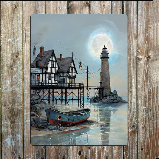 Lighthouse Coastal Scene Boat Sea Nautical | Metal Sign Plaque