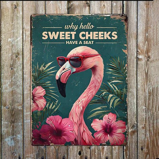 Sweet Cheeks Flamingo Bathroom Toilet Metal Sign Plaque
