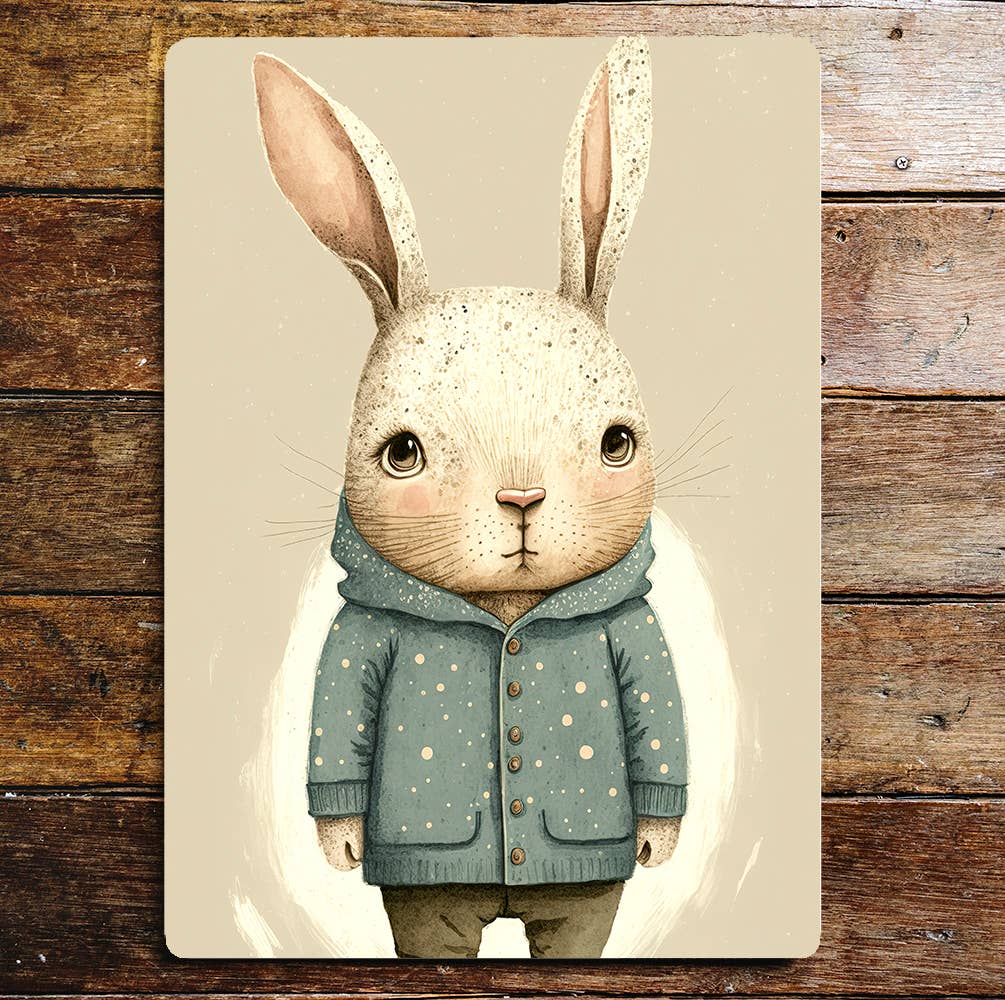 Cute Rabbit Boy Spotty Blue Cardigan | Metal Sign Plaque