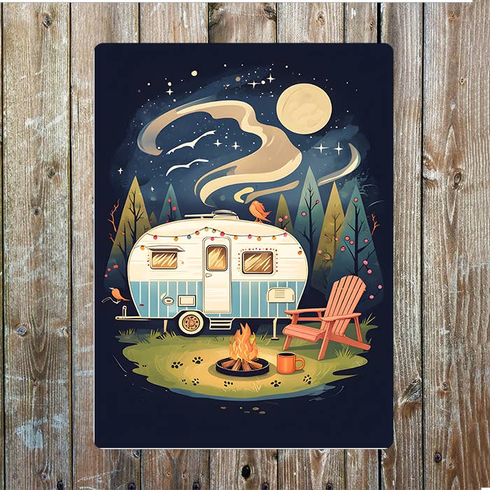 Camping Scene vintage caravan At Night | Metal Sign Plaque