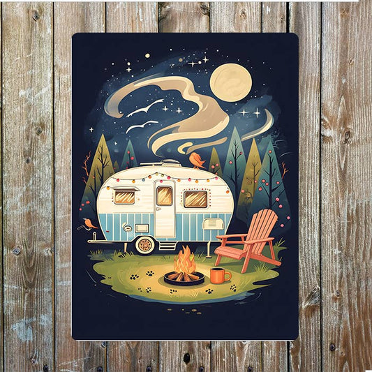 Camping Scene vintage caravan At Night | Metal Sign Plaque