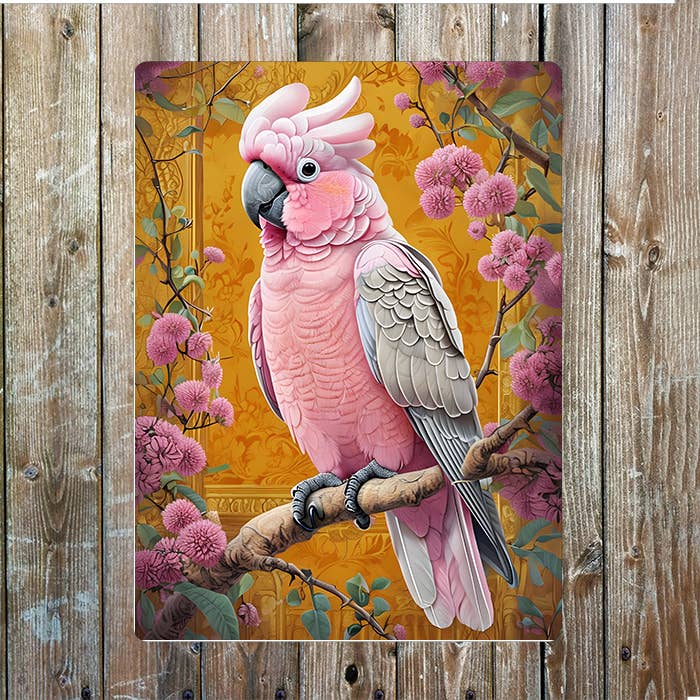 Vibrant Pink Cockatoo Perched Among Pink | Metal Sign Plaque