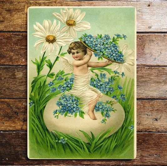 Angel Cherub Flowers Daisy Garden | Metal Wall Sign