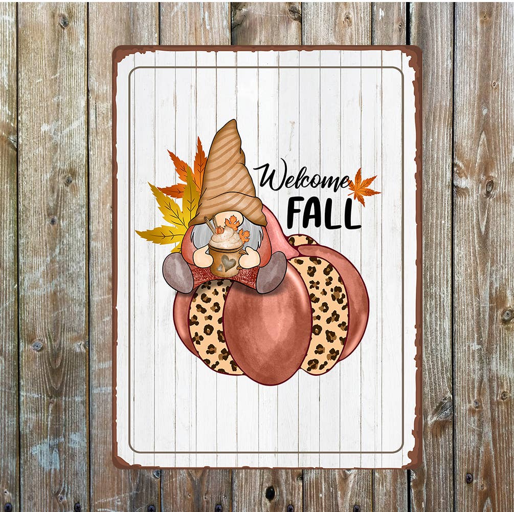 Welcome Fall Autumn Gonk Gnome Brown | Metal Sign Plaque