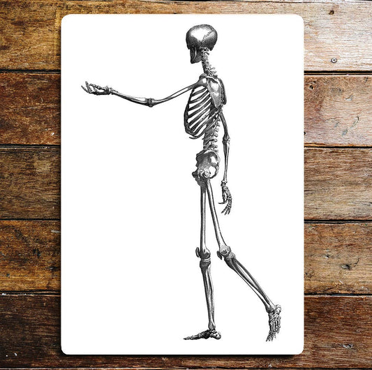 Skeleton Of Walking Man Arm Reached Out Metal Sign Plaque