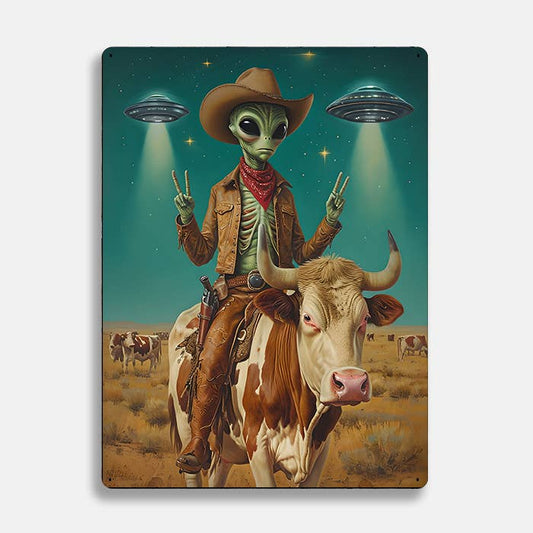 Alien Cowboy Riding Cow Under Starry UFO | Metal Sign Plaque