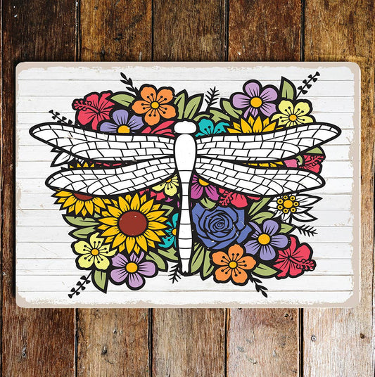 Dragon Fly Multi Coloured Flowers | Metal Sign plaque