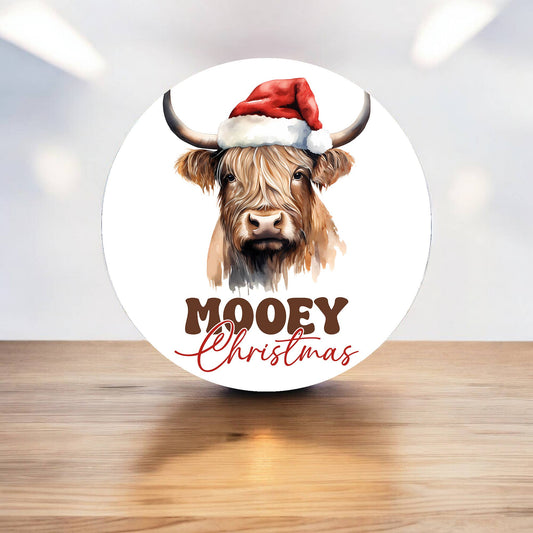 Mooey Christmas Highland Cow Cute Circle Metal Sign