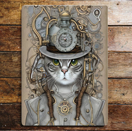 Steampunk cats green eyes Metal Sign plaque
