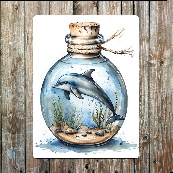 Dolphine In A Bottle Sea Nautical | Metal Sign Plaque
