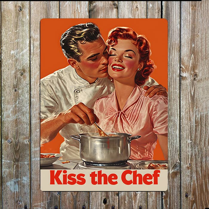 Kiss The Chef Kitchen Vintage Retro | Metal Sign Plaque