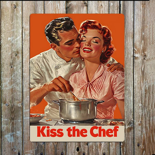 Kiss The Chef Kitchen Vintage Retro | Metal Sign Plaque