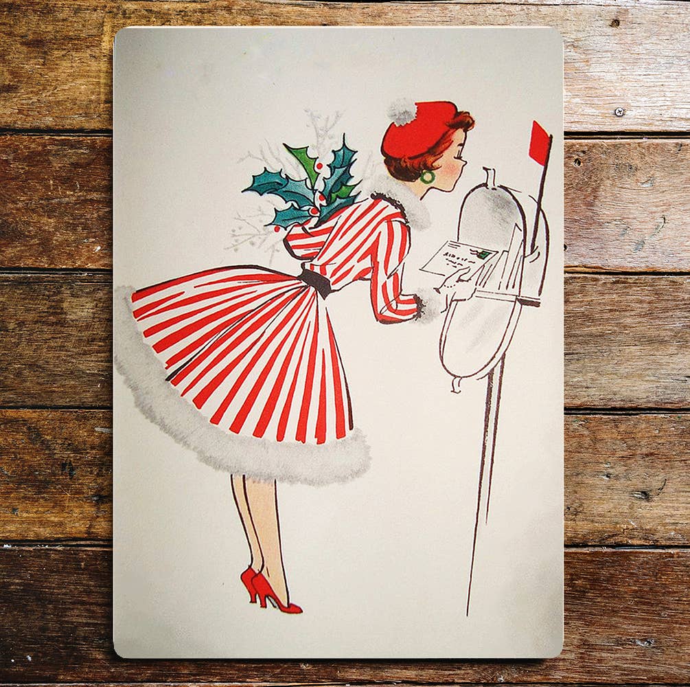 Lady Red Stripe Dress Posting Mail | Metal Sign Plaque