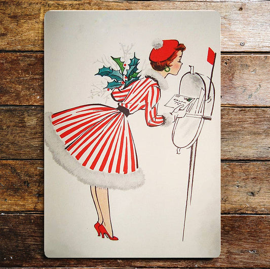 Lady Red Stripe Dress Posting Mail | Metal Sign Plaque