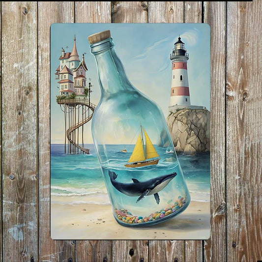 Whales Boat Bottle Sea Nautical | Metal Sign Plaque