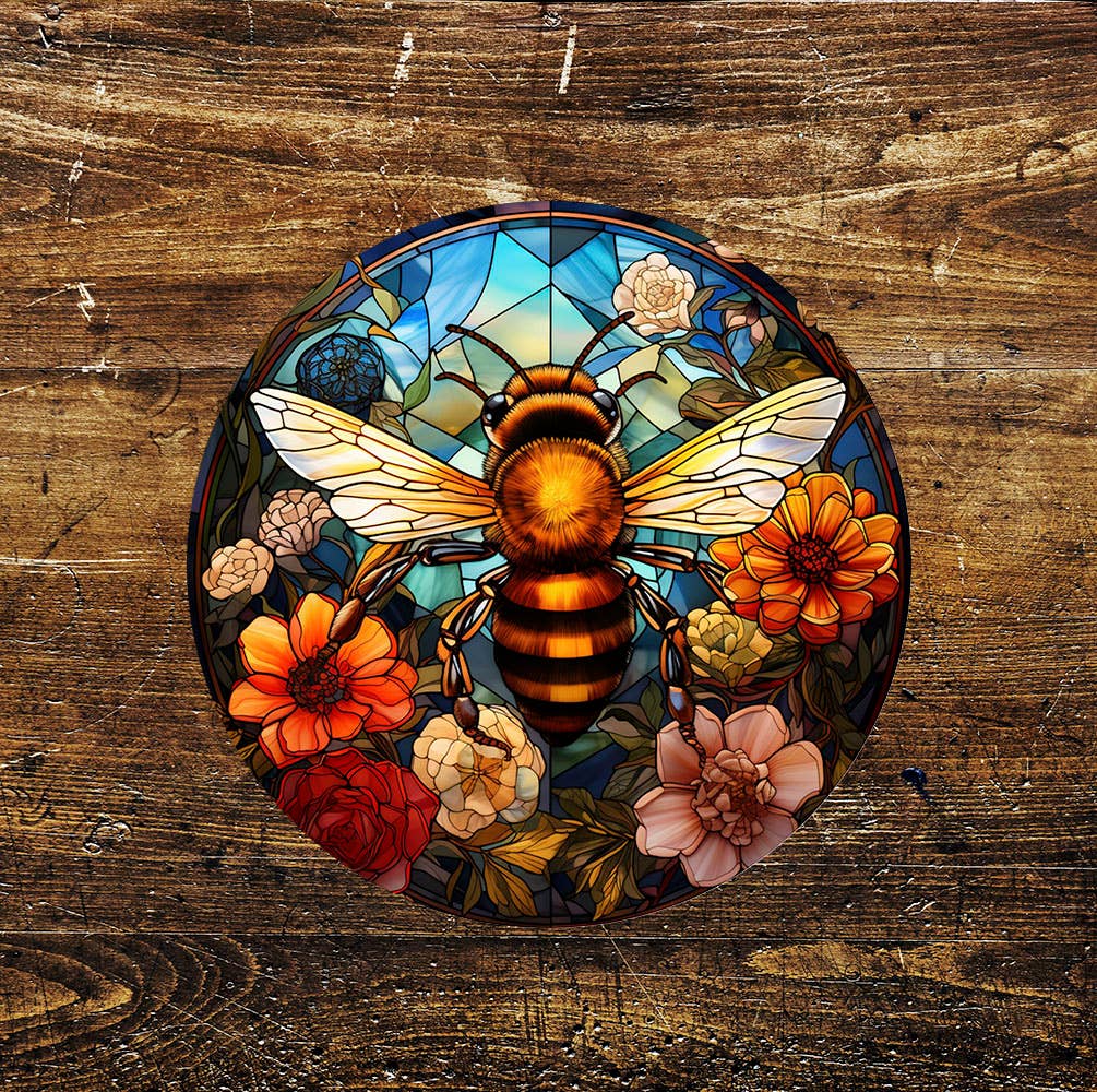 Bumble Bee Spring Stained Glass affect Metal Circle Sign