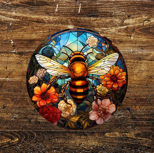 Bumble Bee Spring Stained Glass affect Metal Circle Sign