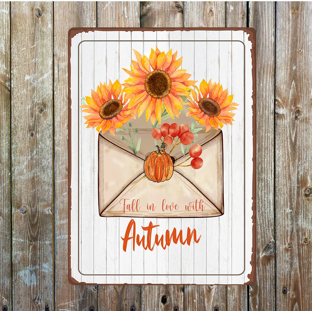 Fall In Love With Autumn Sunflower Pumpkin | Metal Sign Plaque