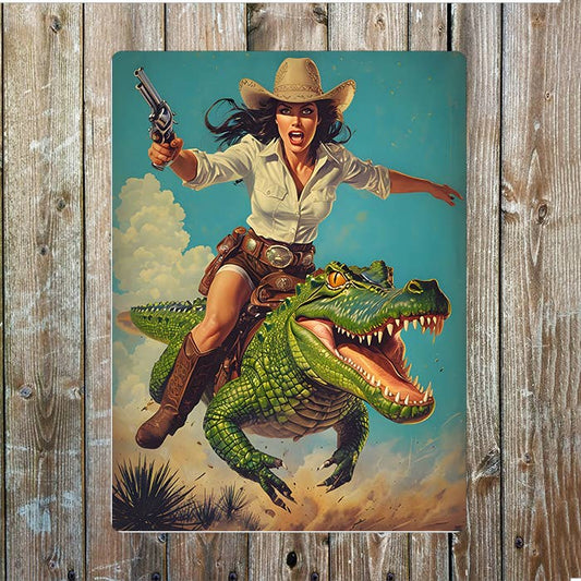 Cowgirl Riding Alligator | Cowboy Western | Metal Sign Plaque
