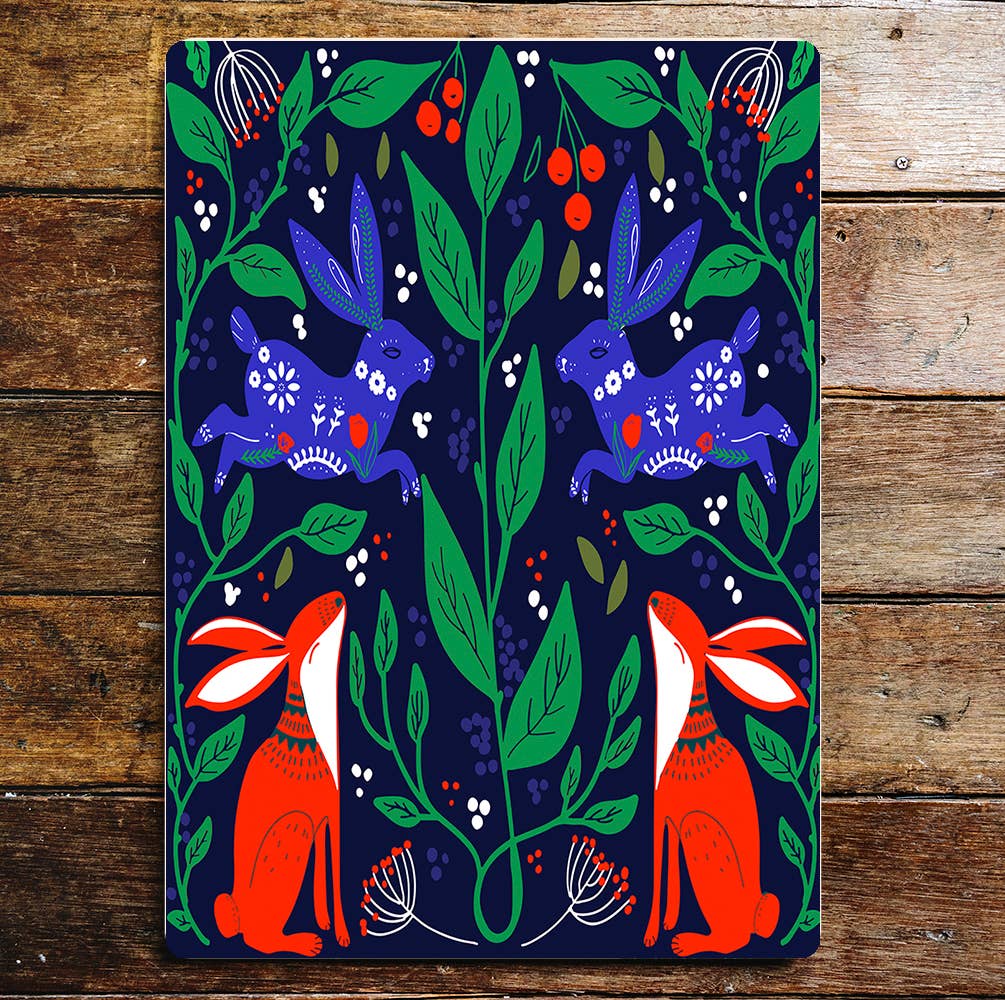 Fox Hare rabbit leaves pattern red berry | Metal Sign plaque