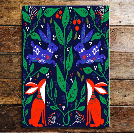 Fox Hare rabbit leaves pattern red berry | Metal Sign plaque