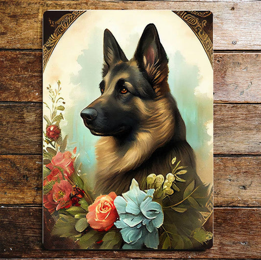 German Shepard Dog Flowers Portrait | Metal Sign Plaque