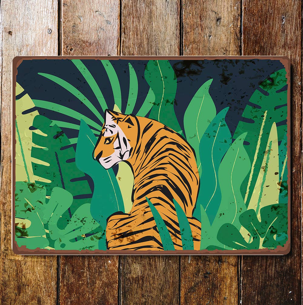 Jungle Life Tiger Green Leaves | Metal Sign Plaque