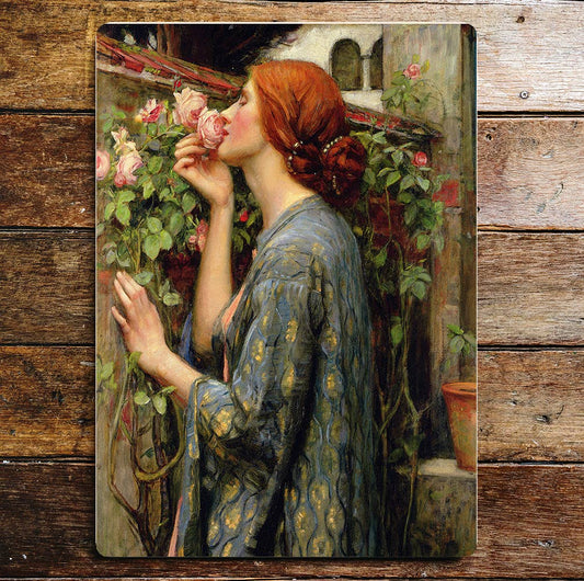 Lady Smelling Roses Vintage Garden | Metal Sign Plaque