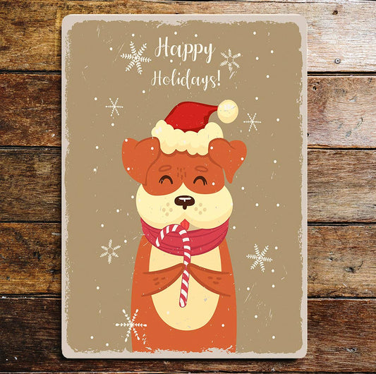Happy Holidays Christmas Dog Red Hat Snow | Metal Sign Plaque