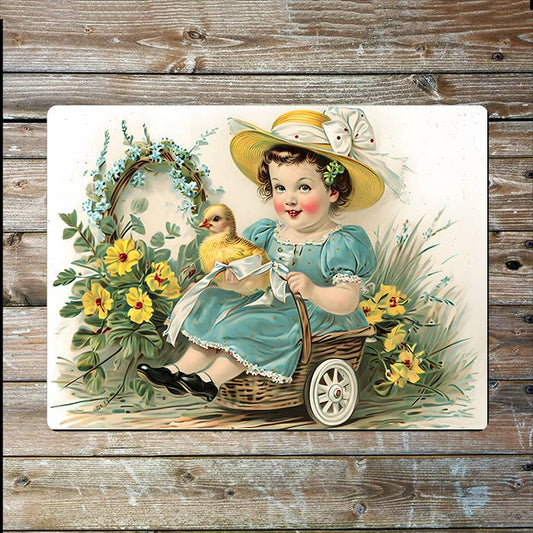 Vintage Easter Girl Backet Chick | Metal Sign Plaque