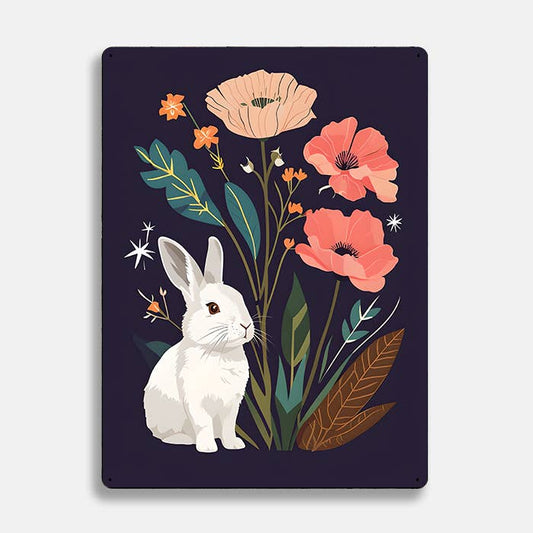 White Rabbit Flower scandinavian folk | Metal Sign Plaque