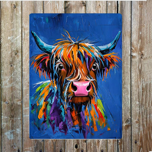 Painting Of A Vibrant Highland Cow Metal Sign Plaque