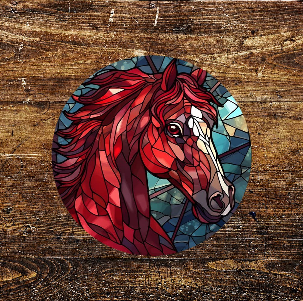 Red Horse Stained Glass Affect Circle Metal Sign