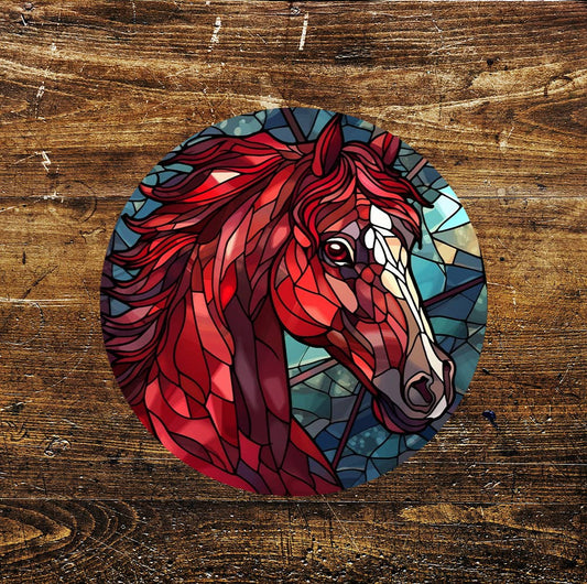Red Horse Stained Glass Affect Circle Metal Sign