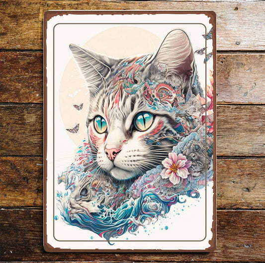 Spiritual Floral Wreath Cat Art Metal Sign Plaque