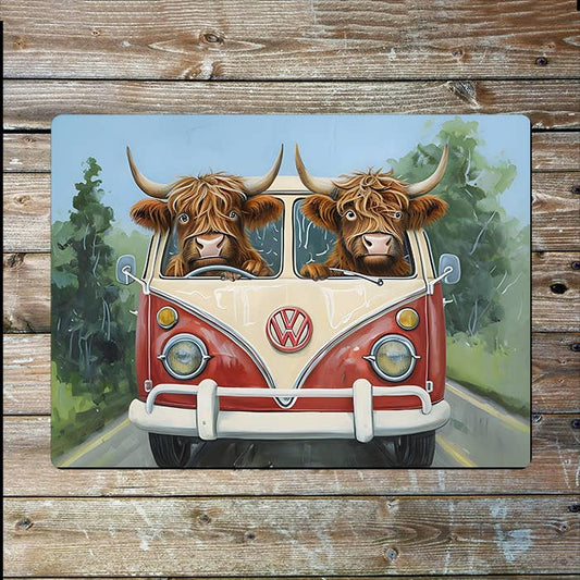 Highland Cow Driving Camper Scotland | Metal Sign Plaque