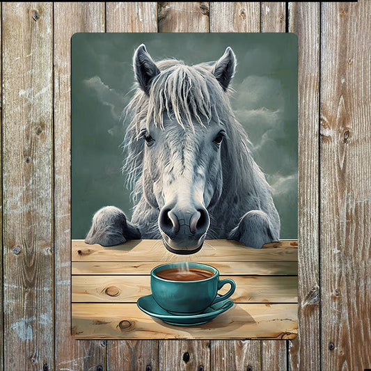 Gray Horse Wooden Table Tea Coffee | Metal Sign Plaque