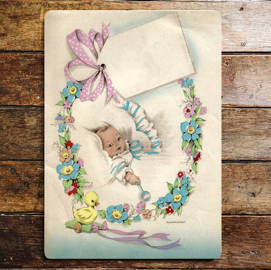 Baby Flowers Pink Blue Ribbon Personalize | Metal Sign Plaque