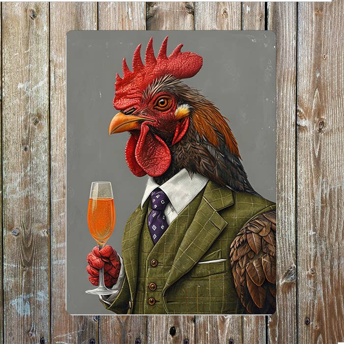 Rooster In Formal Clothing Holding Drink Metal Sign Plaque