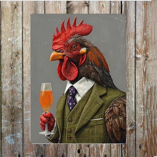 Rooster In Formal Clothing Holding Drink Metal Sign Plaque