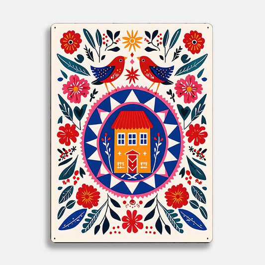 Illustration House Home scandinavian folk | Metal Sign Plaque